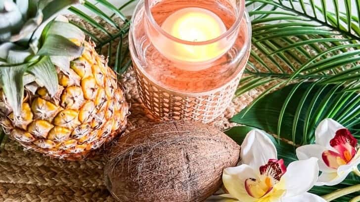 overhead view of Hawaiian themed table decorating feature photo