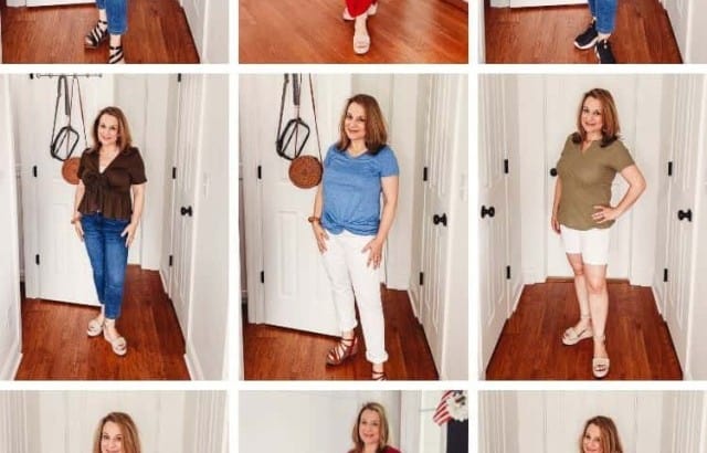 Collage of Anne from Simply2Moms wearing 9 different casual summer outfits.