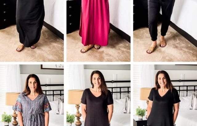 collage of blogger trying on dresses and a jumpsuit from Amazon