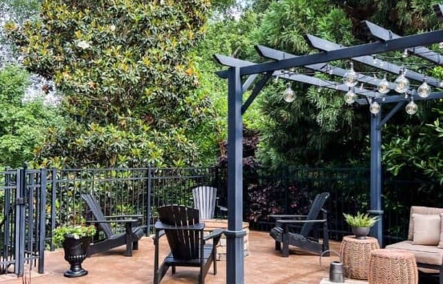 patio with pergola and outdoor furniture and firepit