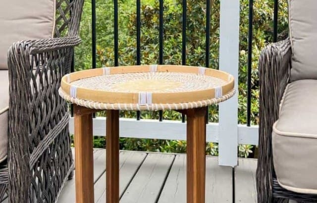 handmade wood and basket tray end table on deck outside