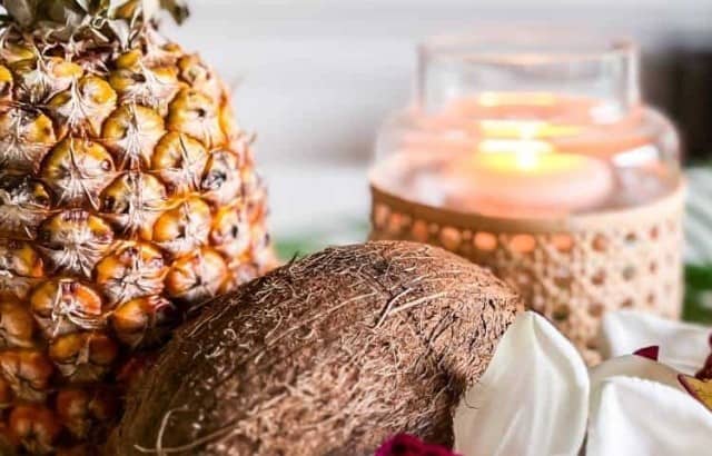 close up of Hawaiian luau themed tablescape styling