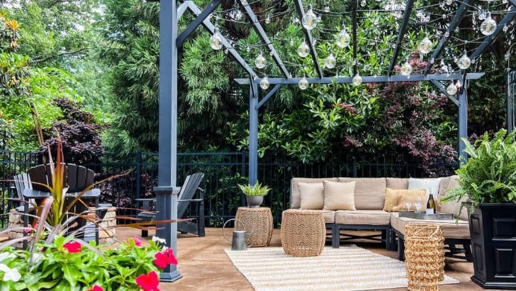 pergola with seating area on patio feature photo