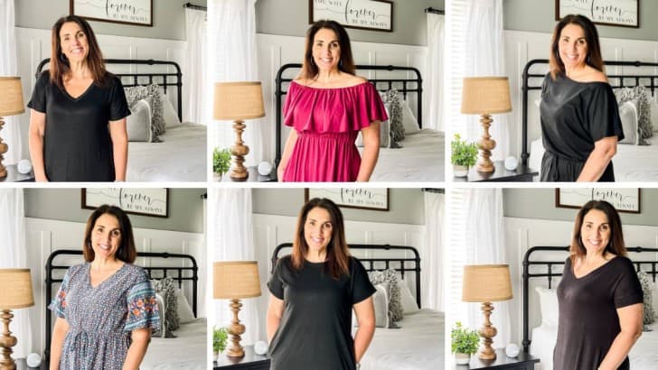 six photo collage of blogger trying on different maxi dresses from Amazon
