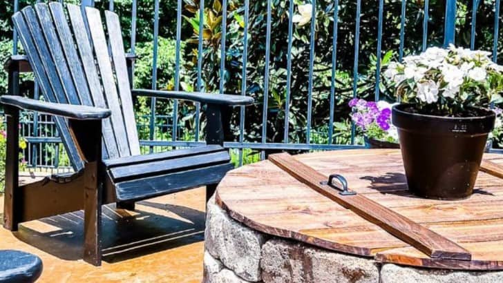 outdoor diy firepit on patio with Adirondack chair
