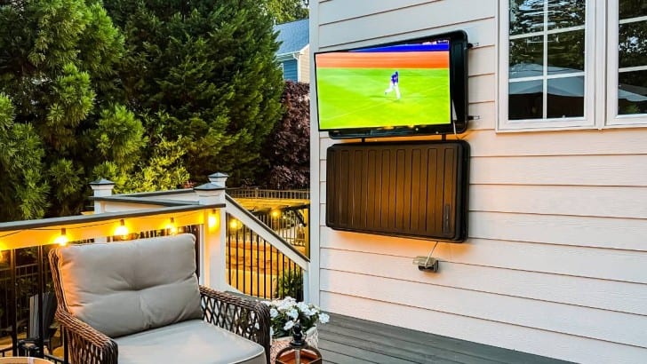TV in outdoor enclosure hanging on house by deck