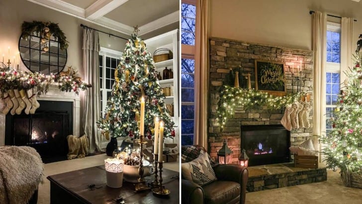 two photos of family rooms decorated for Christmas in the evening with lights on