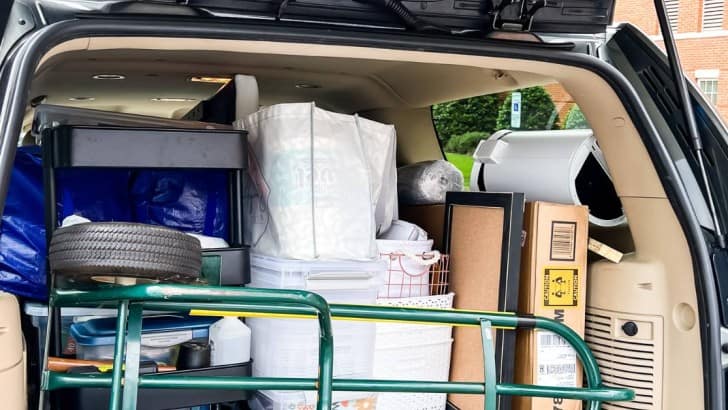 back of car filled with supplies from packing list for college move in day