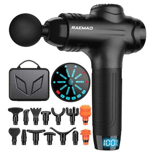 photo of massage gun with carrying case and accessories