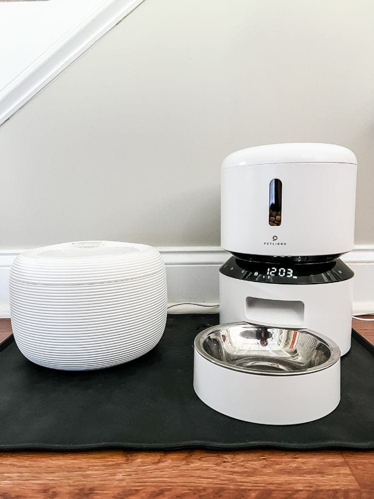 Nugget pet water fountain and white auto feeder with digital timer on a silicone mat.