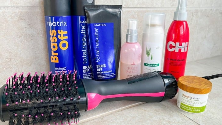 Anne's hair care favorites including Brass Off system, heat protectant, and a hair dryer brush.