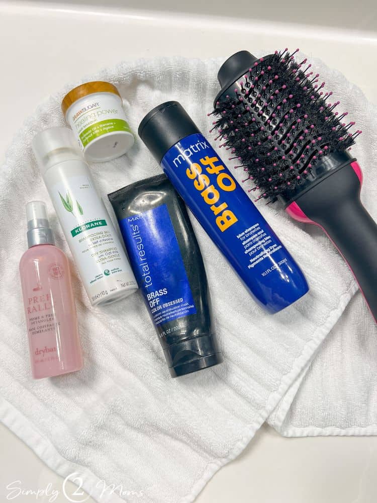 Anne's hair care favorites including Brass Off system, heat protectant, hair masque, and a hair dryer brush.