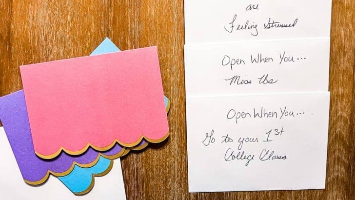 colorful note cards stacked on envelope with completed notes on desk