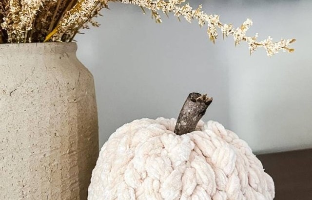close up of dollar store pumpkin transformed to neutral fall decor with yarn