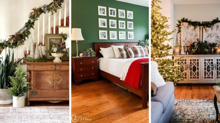 Collage of three photos of different rooms decorated for Christmas.