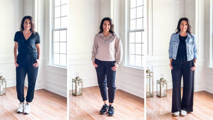 three side by side photos of blogger modeling travel outfits for feature photo image