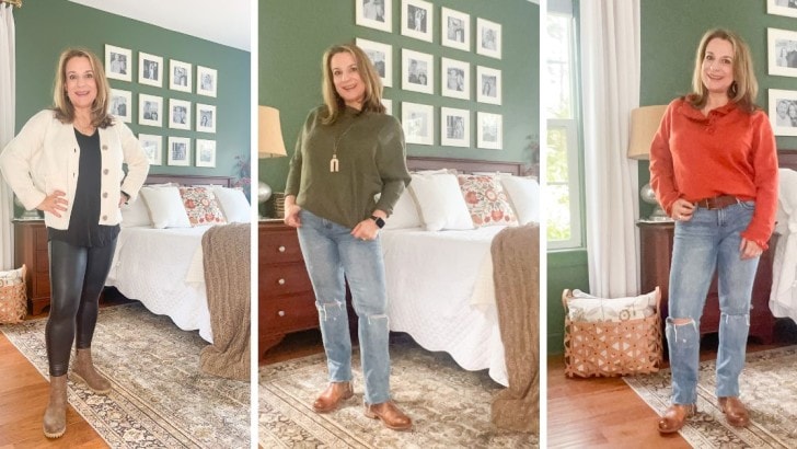 Three images of Anne from Simply2Moms wearing sweaters from Amazon.