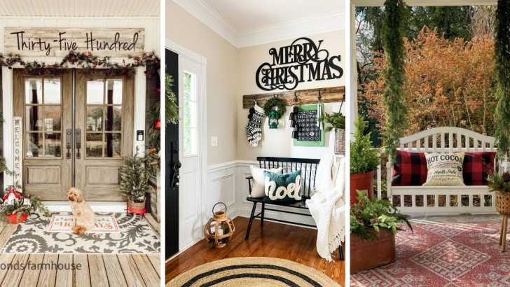 Collage of three entryways and porches decorated for Christmas.