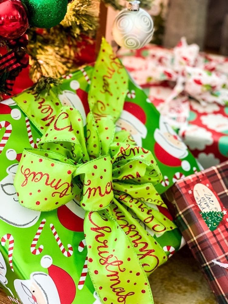 Colorful Christmas gifts with large fluffy handmade bows.