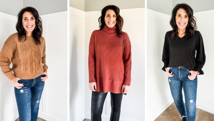 three photos of blogger posing in winter tops feature