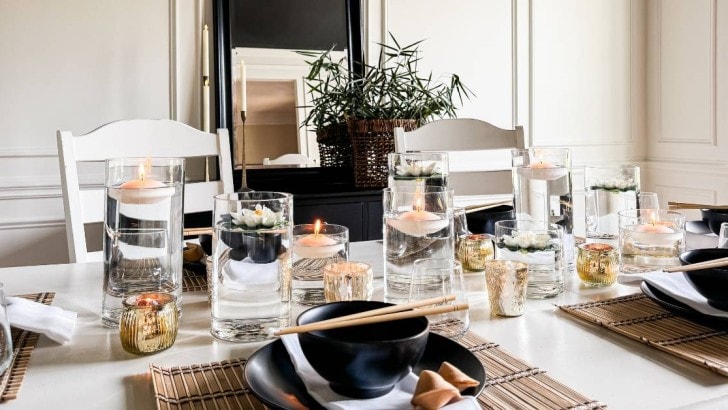 neutral table decor styled for a Chinese dinner party feature photo