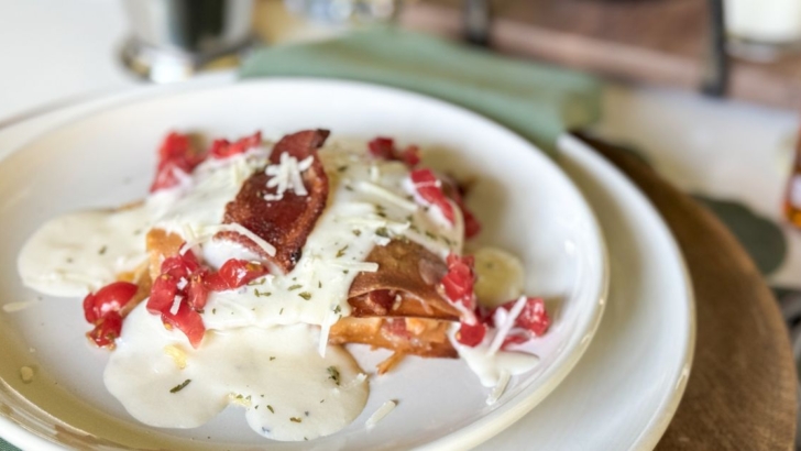 Keto Kentucky Hot Brown Sandwich stacks on a plate at a Derby Day dinner party.