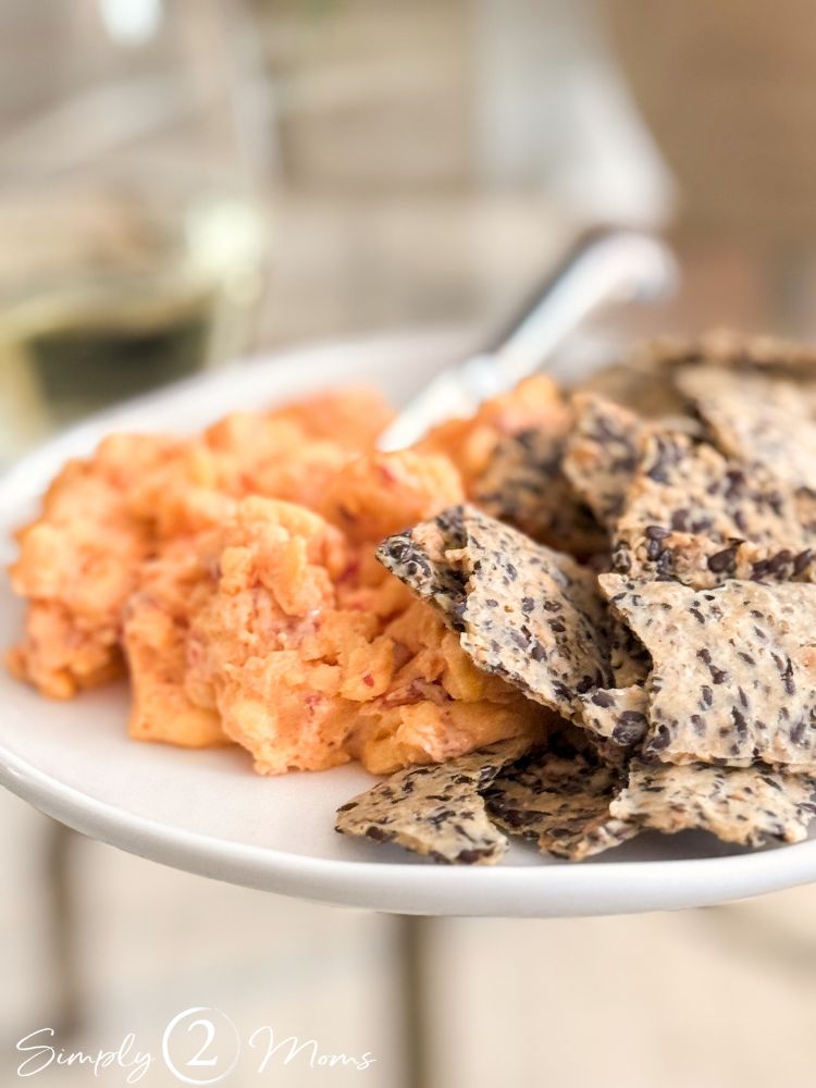 Plate with pimento cheese and Julian Bakery Primal Crackers.