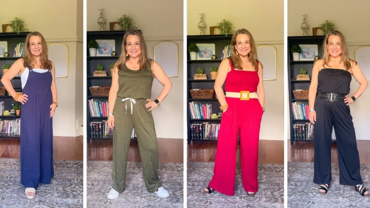 Collage of petite woman wearing four different Amazon jumpsuits and rompers for summer.