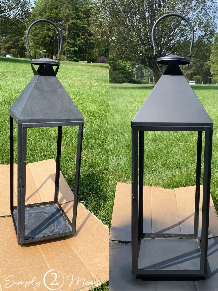 Side by side images of a black outdoor lantern before and after getting a fresh coat of spray paint to refinish it