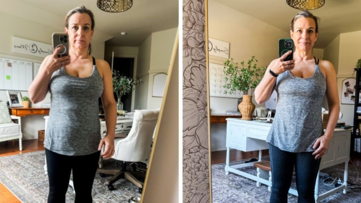 Side by side photos of a woman losing weight during menopause.