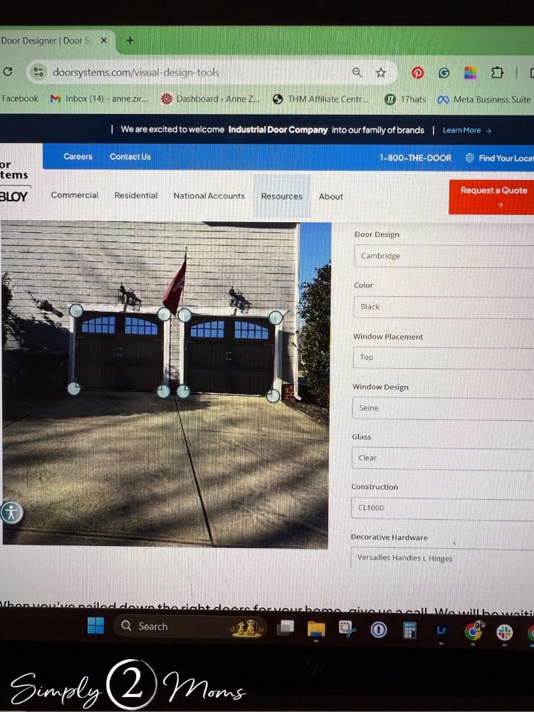Screenshot of Door Systems online design tool showing mock up with black garage doors.