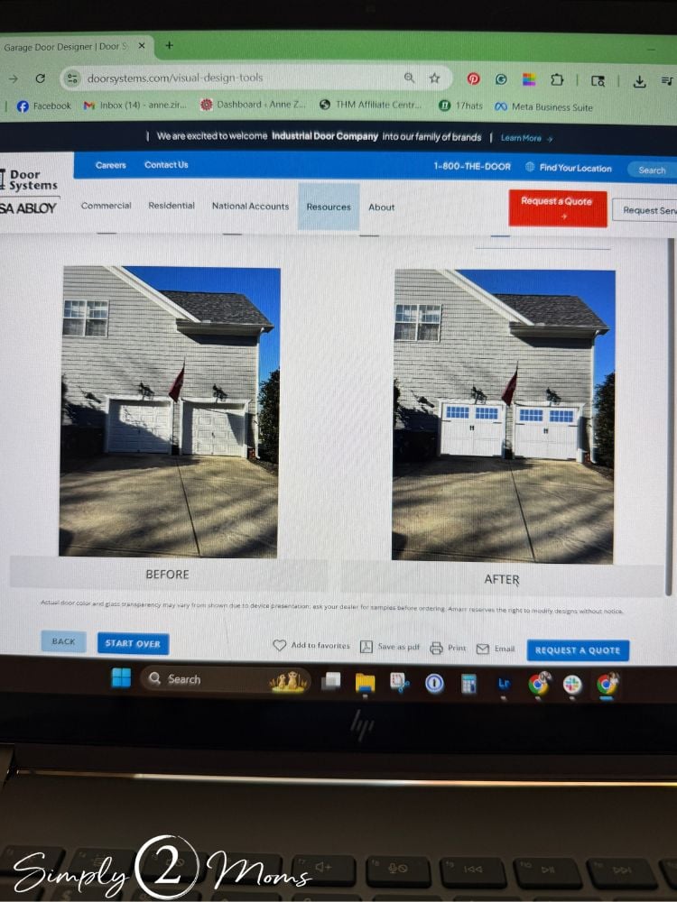 Screenshot of Door Systems online design tool showing side by side comparison of old garage doors and replacement doors.
