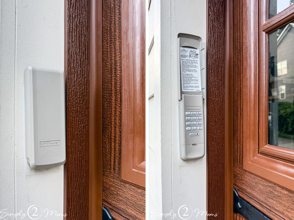Side by side of closed and opened garage door keypad installed outside faux wood garage doors.