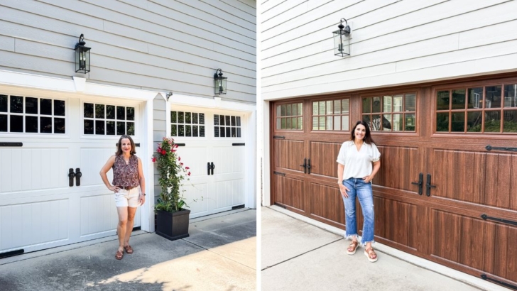 Two women standing in front of their new Churchill garage doors with Cambridge panels that they replaced.
