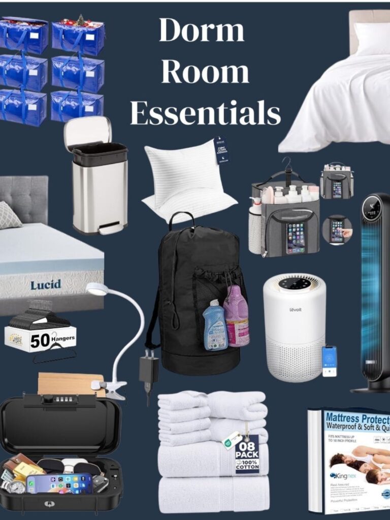 Flat lay collage of dorm room essentials on navy background including storage bins, trash can, pillow, shower caddy, laundry hamper, velvet hangers, air purifier, tower fan, lock box, towels, and mattress protector with "Dorm Room Essentials" text