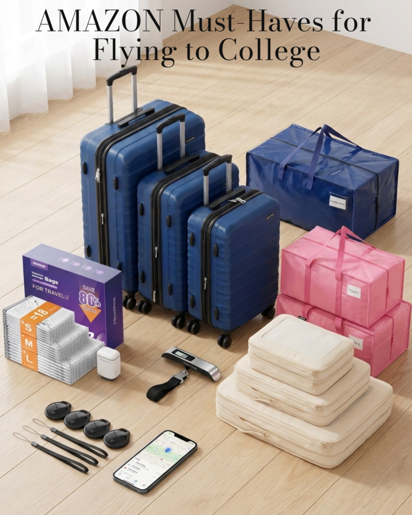 Three blue suitcases, two blue and pink duffel bags, beige packing cubes, travel bottles, organizers, a luggage scale, AirTags, keys, and a phone are arranged on a wood floor. Text reads: &ldquo;AMAZON Must-Haves for Flying to College.&rdquo; Discover exactly how to pack for college when you're flying with these essentials.